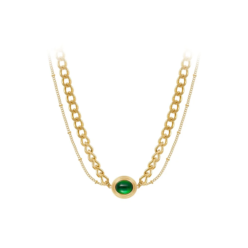 

Latest 18K Gold Plated Stainless Steel Jewelry Cuban Chain Oval Green Glass Stone Pendant Trendy For Women Necklace P233390