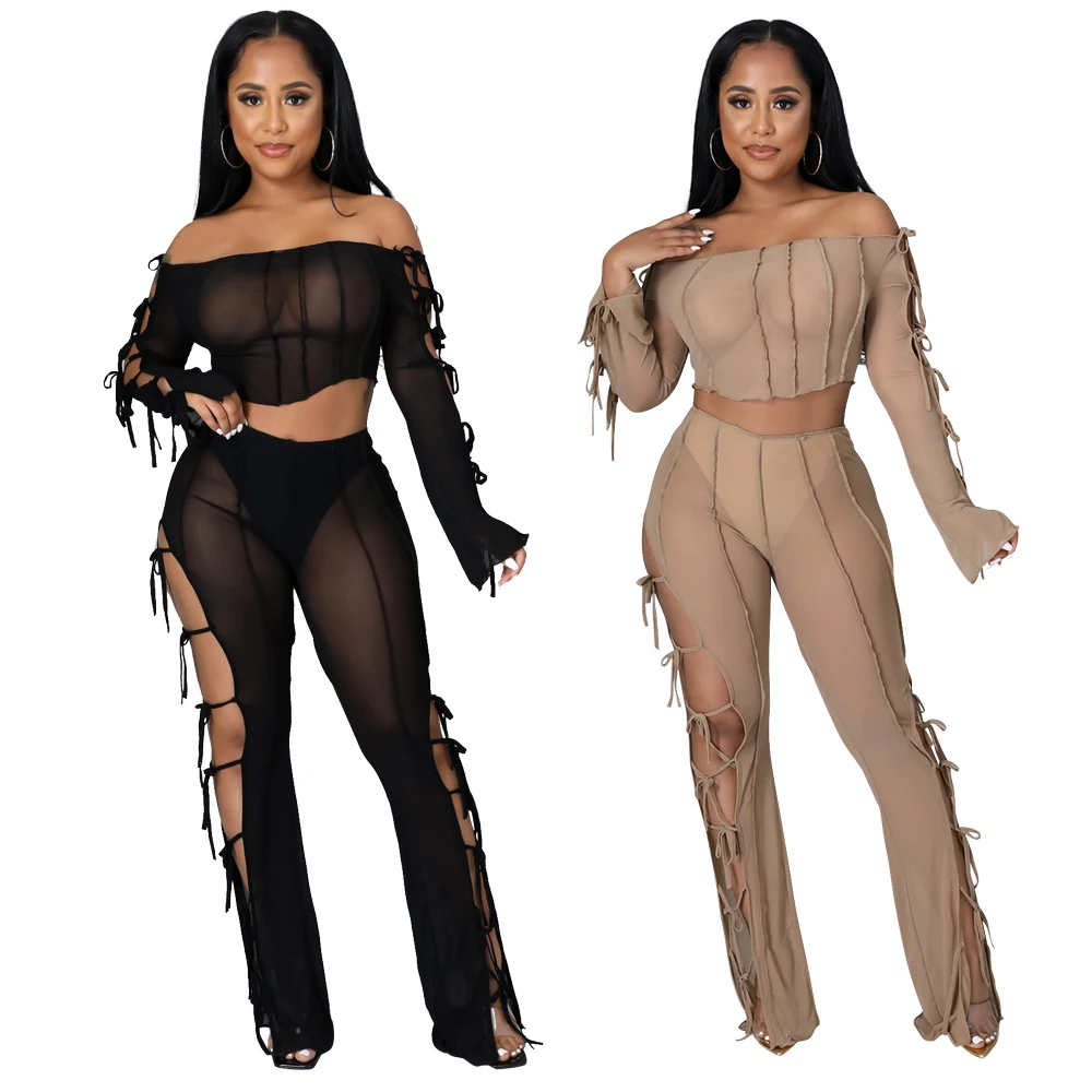 

Foma CY9204 Tight-fitting see through Long sleeve One-line shoulder two piece set women fall clothing sexy 2021