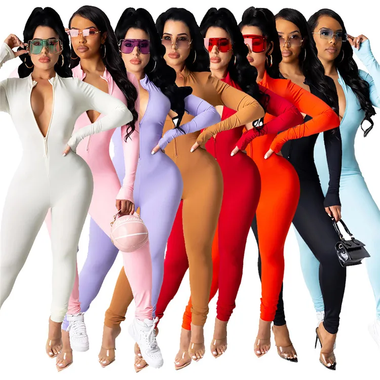 

Wholesale Ladies Bodycon Rompers Long Sleeve Zipper Slim Fit Fall Women One Piece Jumpsuits, Picture shown