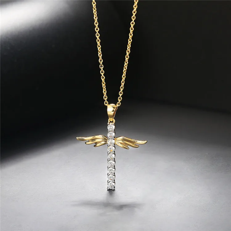 

Amazon explosion angel wings cross necklace color separation electroplating zircon gold pendant women wholesale, Picture shows