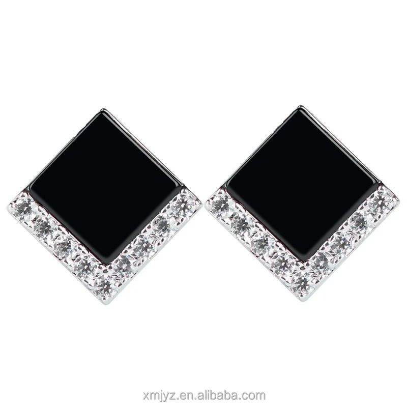 

Certified Grade A S925 Silver Inlaid Natural Black Jadeite Dark Jade Ear Studs Fashion Ladies Earrings