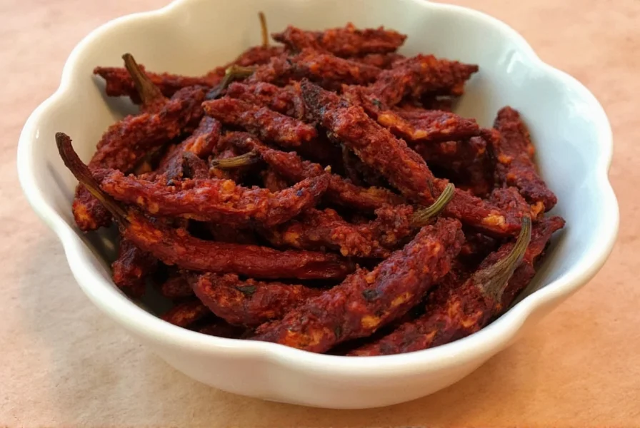 Dried guajillo chiles laid flat against a wooden background