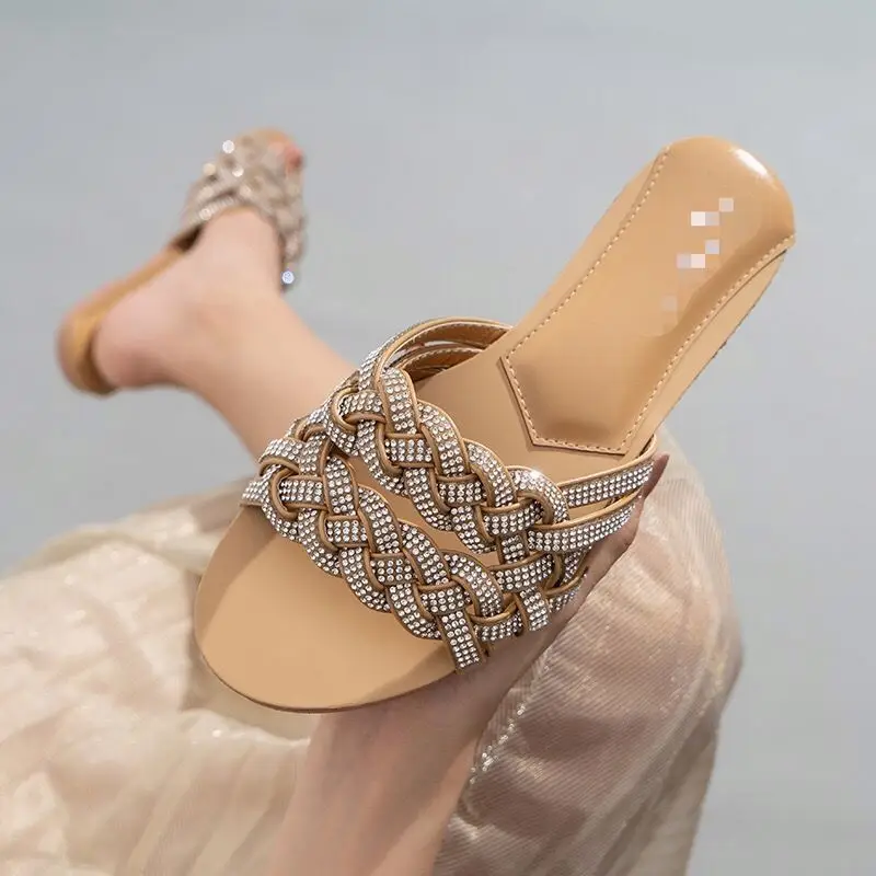 

2021 African & American hot sale new arrivals fashion rhinestone summer women leisure flat sandals slippers plus size, Black, blue, brown, nude
