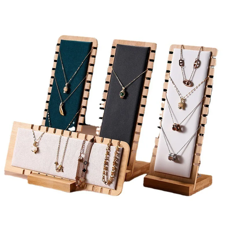 Popular Bamboo 12 Grids Jewelry Necklace Display Holder White Black Leather Chain Bracelet Rack