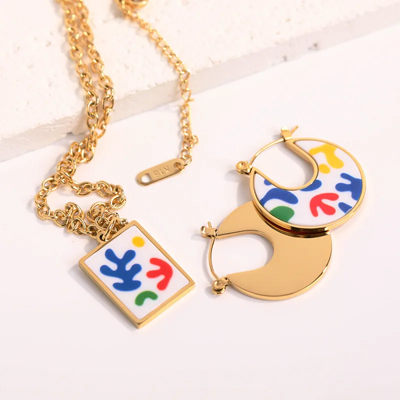 

In Stock Colorful Enamel Jewelry Sets Necklace Hoop Earrings Jewelry Set For Women 316L Stainless Steel Plated 18K Gold
