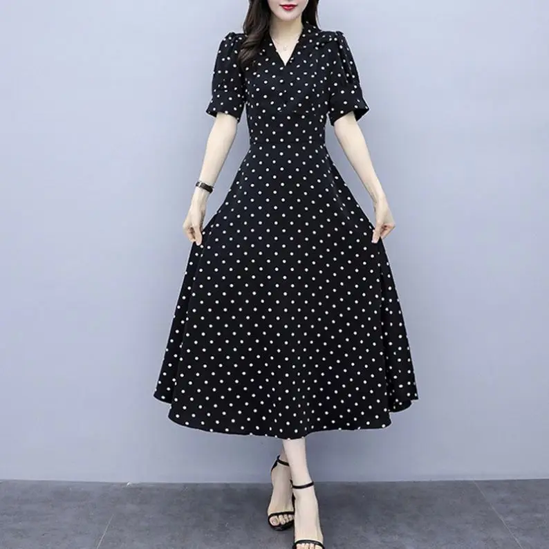 

Wholesale Custom New Fashion Women Lady Girls Summer Women Short Puff Sleeve Dot Printing Dresses V-Neck Long Casual Dress