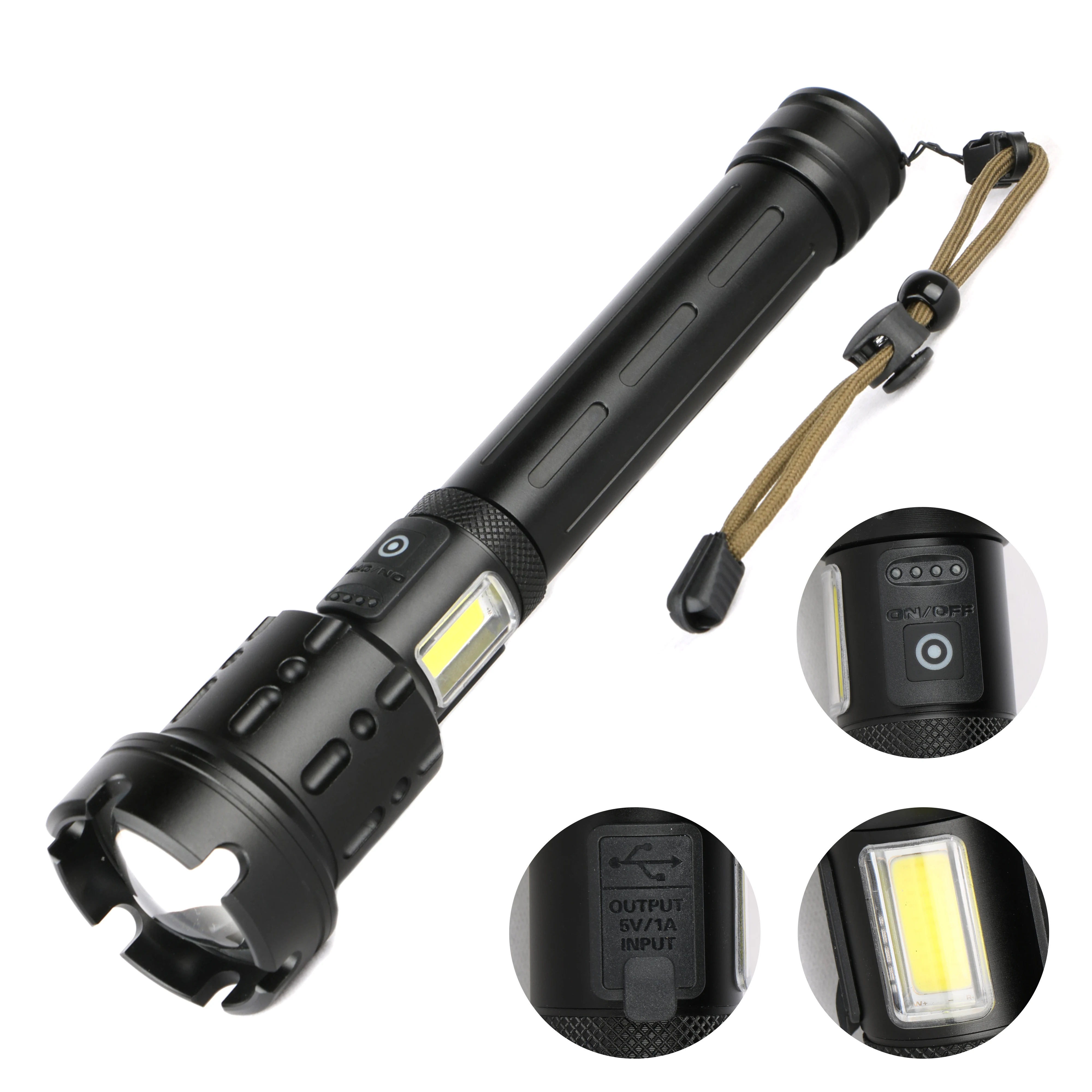 

High Power XHP90+COB Flashlight Rechargeable Torch Outdoor Widely Use 2000 lumen Hand Torch with Power Bank Function