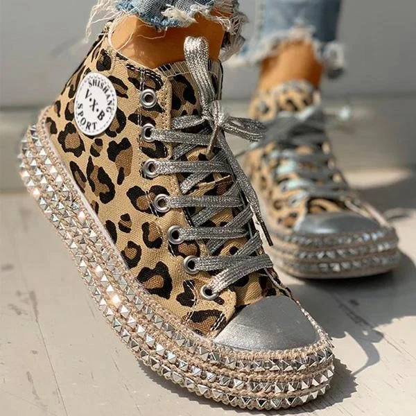 

Leopard Print Rivets Canvas Shoes For Women Lace Up Round Toe Walking Shoes Causal Sneakers Low Cut Solid Fashion Sports Shoes, Black,leopard