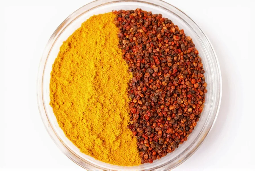Turmeric and black pepper spices in glass jars with measuring spoons