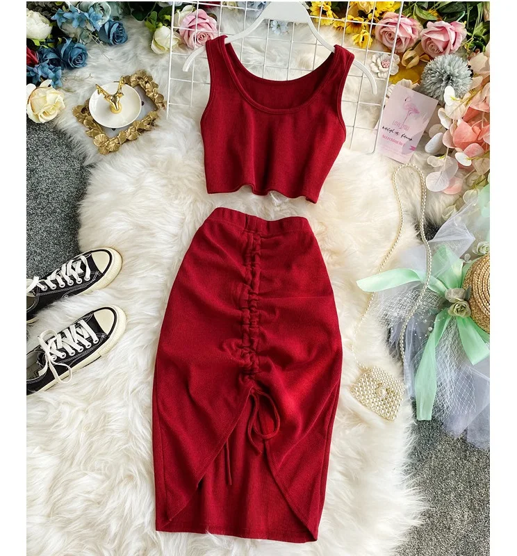 

New Female Resort Style Printed Short Halter Tank Top Long Women Two Piece Sets Skirts, Picture color