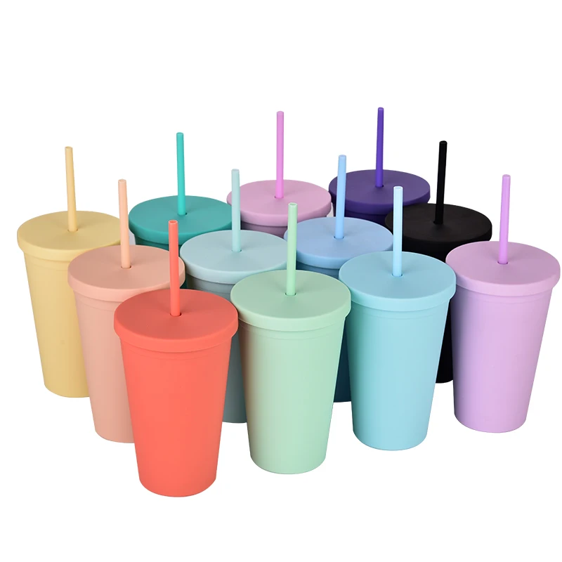 

Wholesale Double layer Travel Frosted Layer 16oz Plastic water bottles with custom logo Plastic Straw Tumbler in Candy Color, Customized colors acceptable