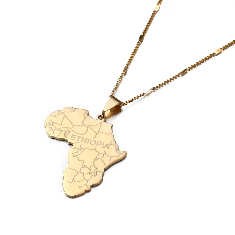 

Stainless Steel Africa Map with Ethiopia Pendant Necklaces for Women Men African Maps Chain Jewellery