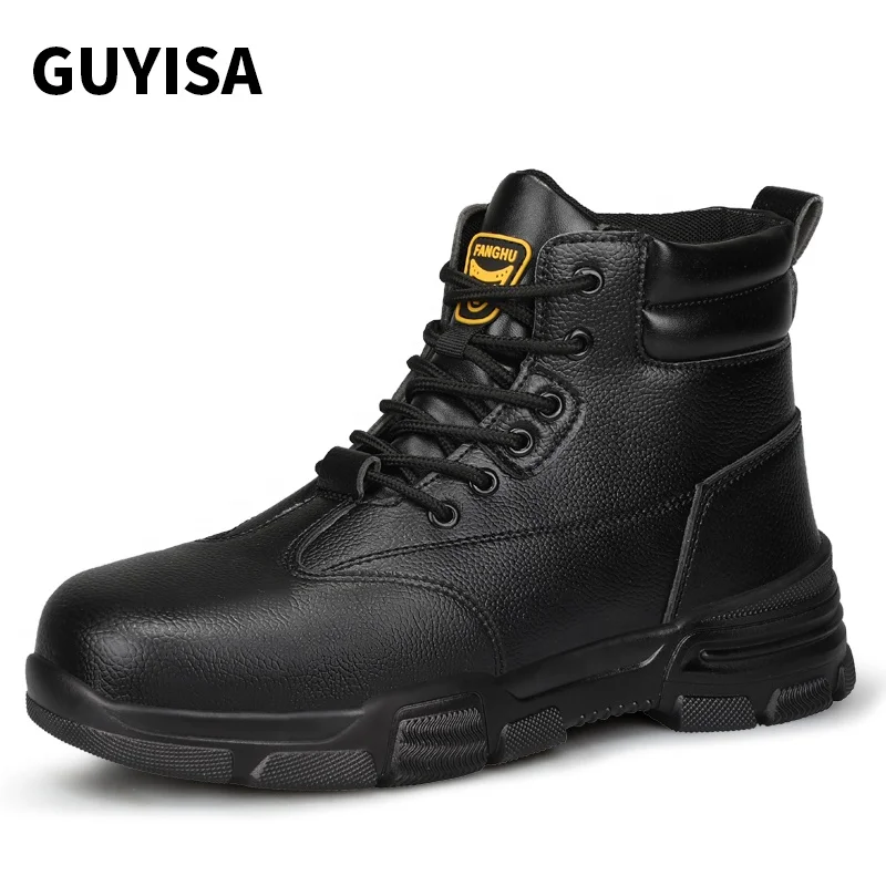 

GUYISA Fashion high top safety shoes waterproof embossed leather non slip wear resistant rubber soles iron toe safety shoes