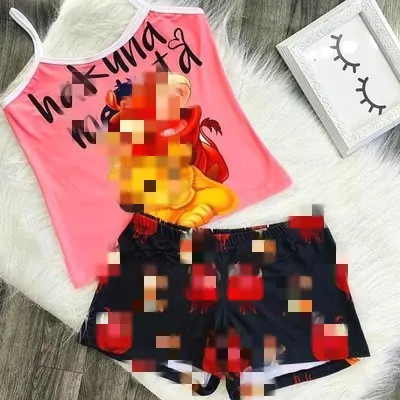 

Fashion summer women plus size cartoon short match sleeveless crop top two piece set cartoon pajamas for adults, 6 colors