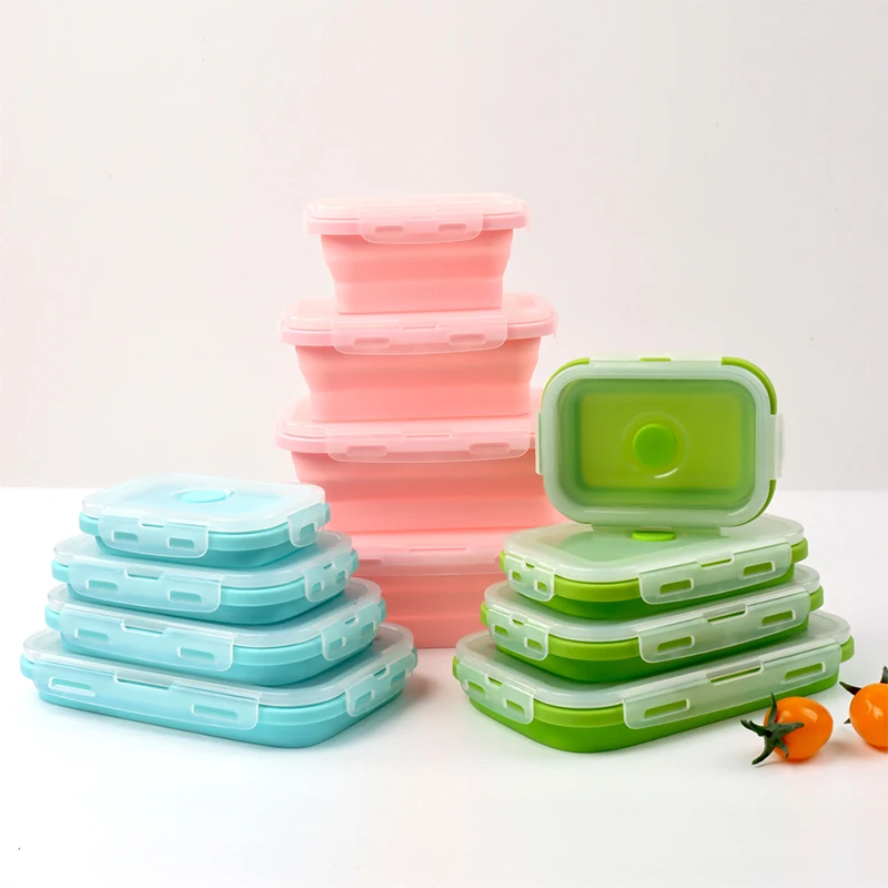 

4 Pieces Set Food Storage Collapsible Lunch Bento Box Folding Silicone Container With Dishwasher And Freezer Safe, Blue, red, green, pink, grey blue