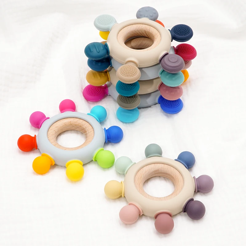 

Custom Hight Super Easily Educational Sensory Toys Unbreakable Wooden Ring Silicone Teethers