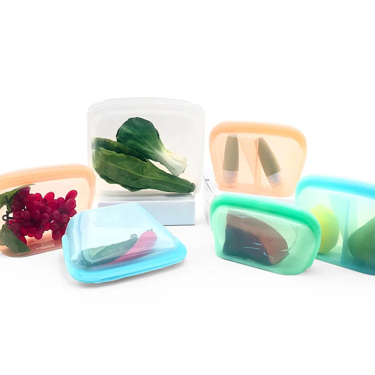

Standing Series 4 Designs Silicone Food Storage Bag Kitchen Platinum Silicone Reusable Bag, Green,blue,gold, transparent or custom