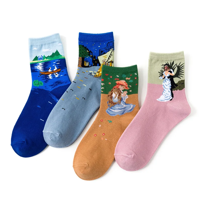

WIIPU 100% cotton sports retro tube socks cartoon couple oil painting stockings