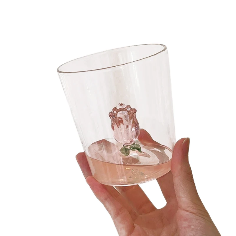 

Creative Glass Water Cups with 3D Base Pink Rose Flower Clear Transparent Rose Inside Drinking Glass Mugs