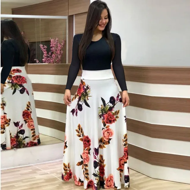 

Women Summer Dress 2020 New Vintage Floral Print O-neck Long Sleeve Robe Casual Elegant Ladies Long Maxi Dress Plus Size