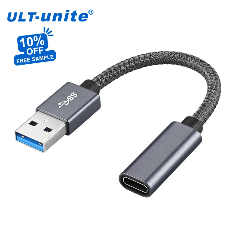 

ULT-unite 8cm Grey Black Braided USB A Male to USB C Female Cable