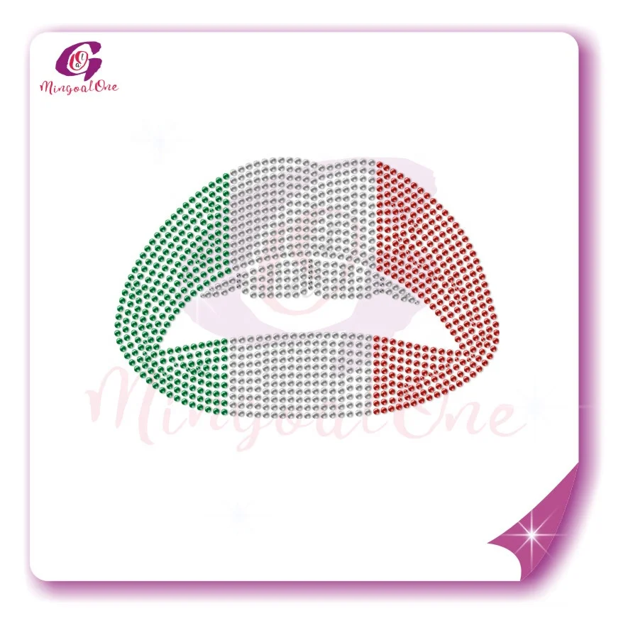 

Custom Green Red Crystal Lip Heat Press Rhinestone Iron On Transfer For Lady Shirt, Select from color chart