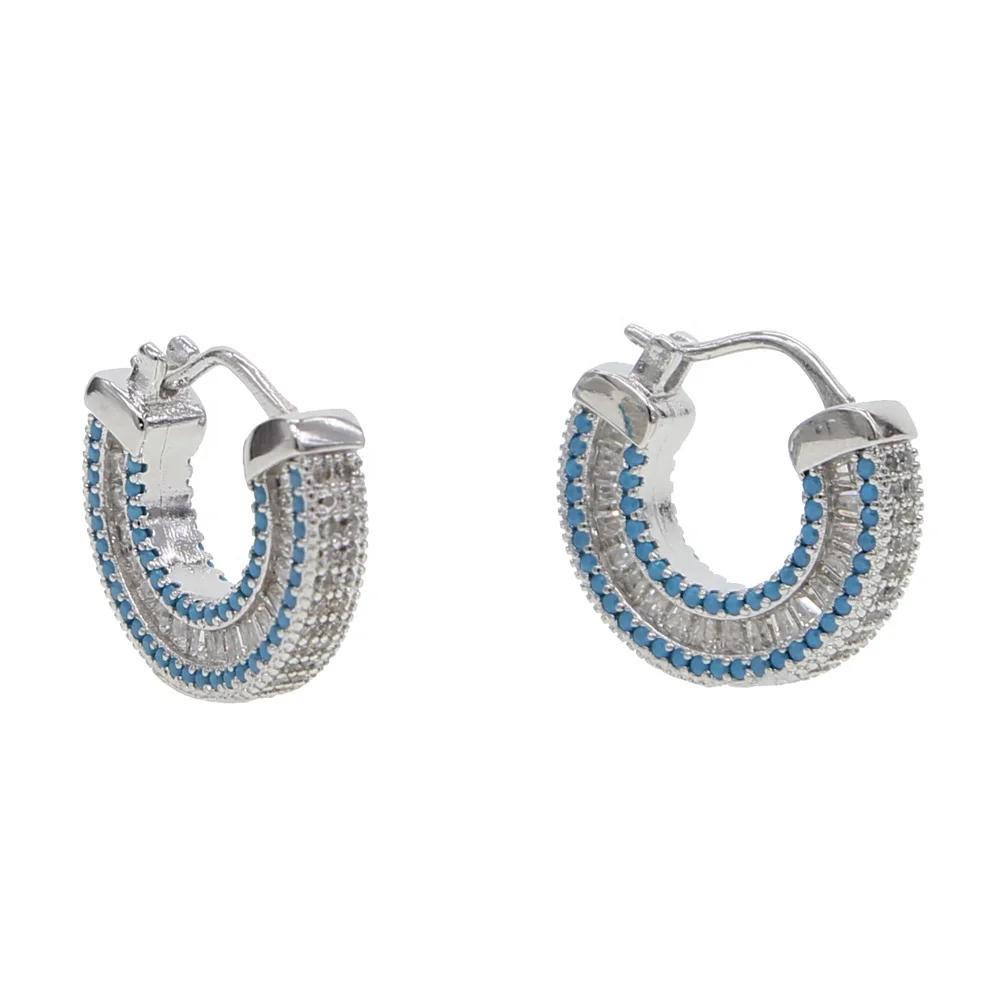 

Luxury Women Jewelry blue turquoises stone baguette cubic zirconia CZ trendy classic hoop earring