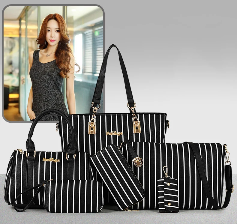 

2020 new arrived striped leather 6 in 1 handbag set for women tote handbag set