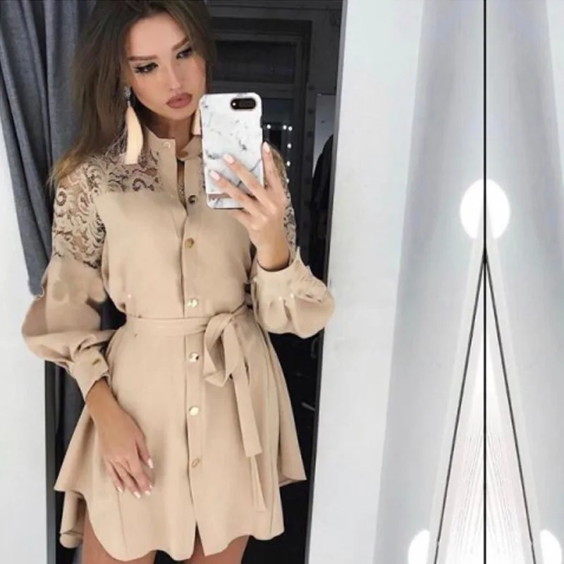 

Europe and the United States new women's dress casual female lace skirt AliExpress hot sale long-sleeved belt skirt shirt skirt