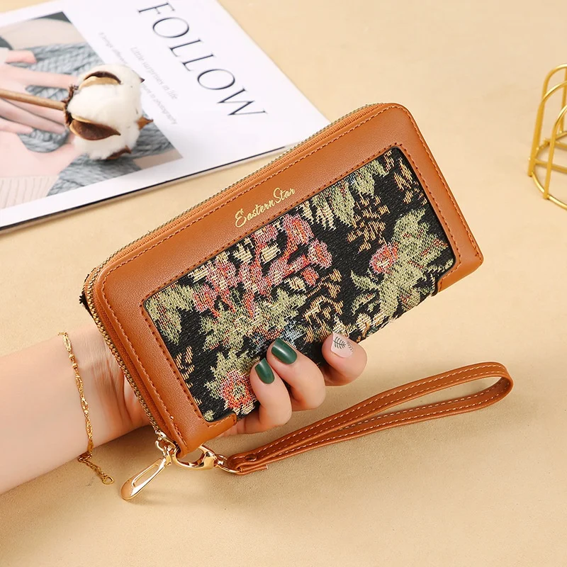 

New Ladies Long Style Clutch Purse Embroidery Stitching Zipper Wallet Large-capacity Pu Leather Wallet For Women, 6 colors
