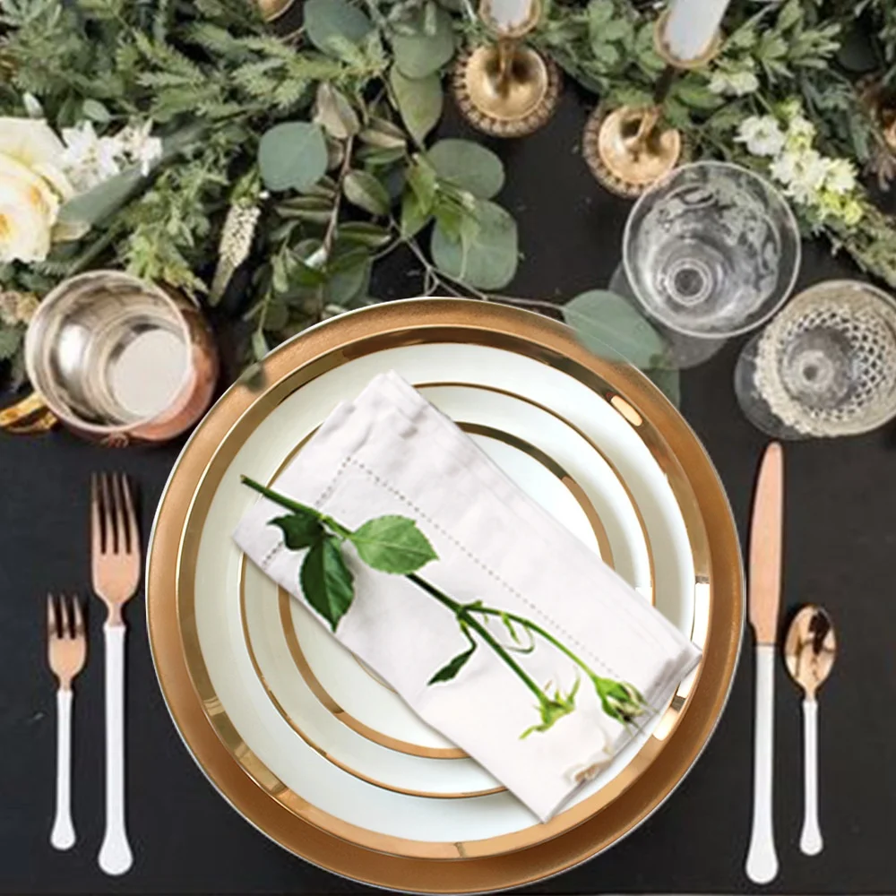 

insLight luxury bone china tableware wide golden edge household light luxury ceramic bone china western food plate dessert, Black