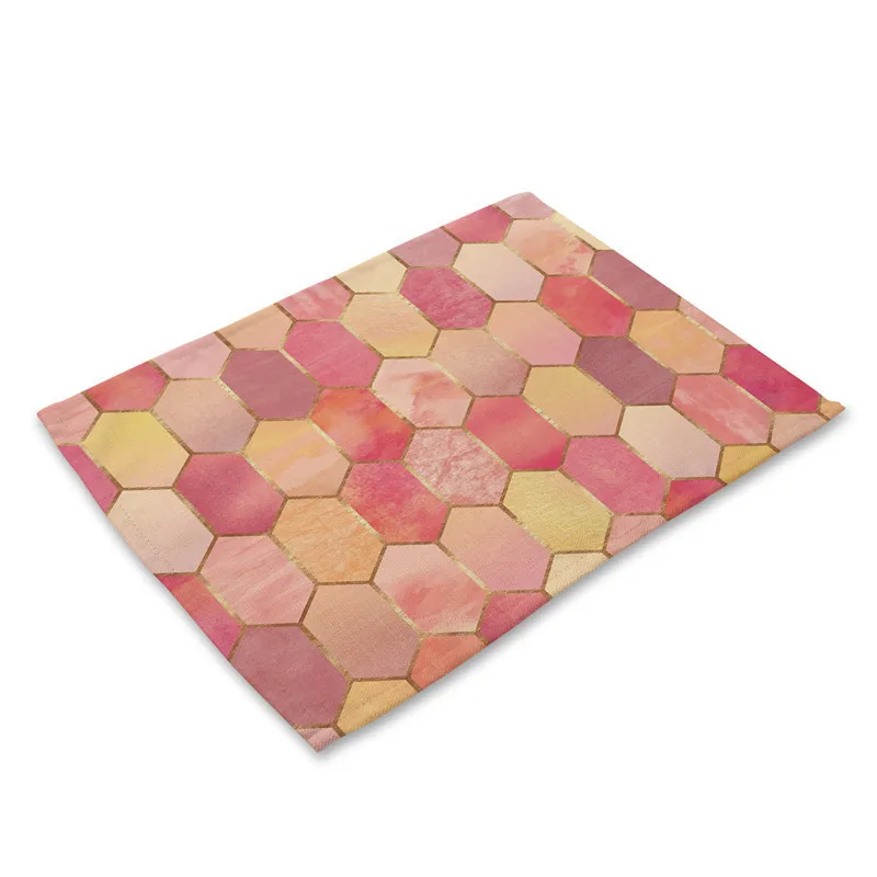 

Pink Geometric Marble Printed Cotton Linen Kitchen Placemat Dining Table Mat Coaster Pads Cup Mats 42*32cm Home Decor MG0028, As photo