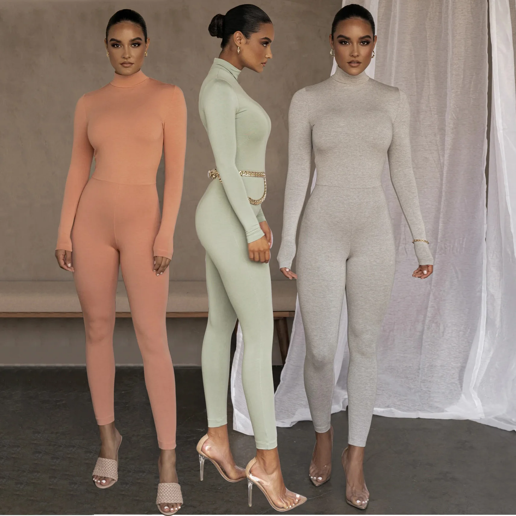 

4505 custom logo nude turtle neck long brown sweater jumpsuits bodysuits long sleeve for women