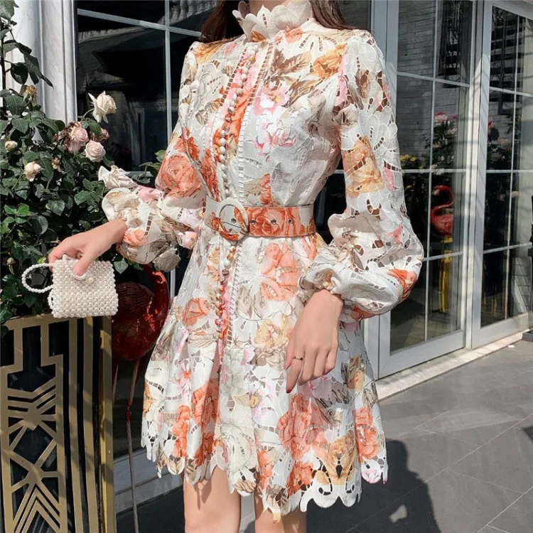 

Autumn Color Floral Cut Out Stand Collar Long Sleeve High Waist Dresses Women Lady Elegant Skirts, As show