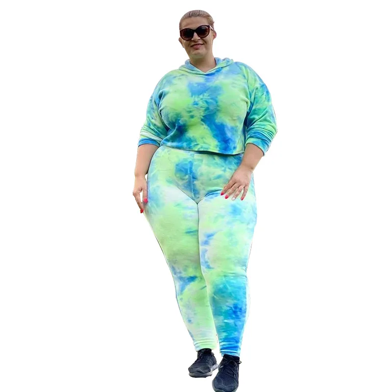

2022 new arrivals casual tie dye oversized sweatshirt jogger set long sleeves and two piece pants set plus size women clothing, Cyan