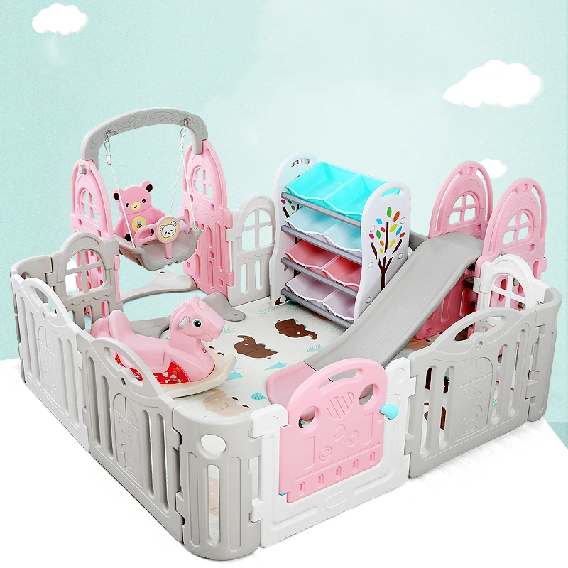 
Custom plastic kid fence play gard indoor safety baby playpen with slide and swing set 