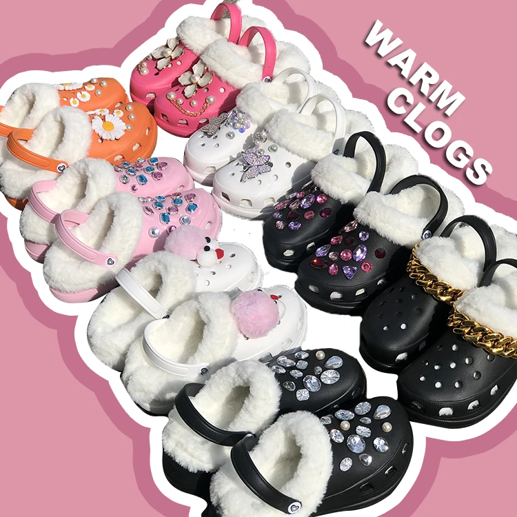 

Bling Rhinestone Crystal Wholesale Winter Warm Platform Eva Women's Fox Furry Clogs & Mules Sandals Slippers Garden Clogs Shoes, Customized color