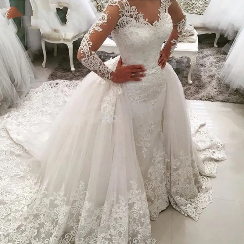 

Illusive Full Sleeve Lace Wedding Dress Detachable Train 2 In 1 Bridal Gown Vestido De Noiva