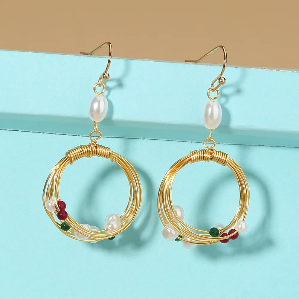 

Hot Vintage Fashion Earrings Handmade Loop Natural Stone Pearl Simple Women Earrings