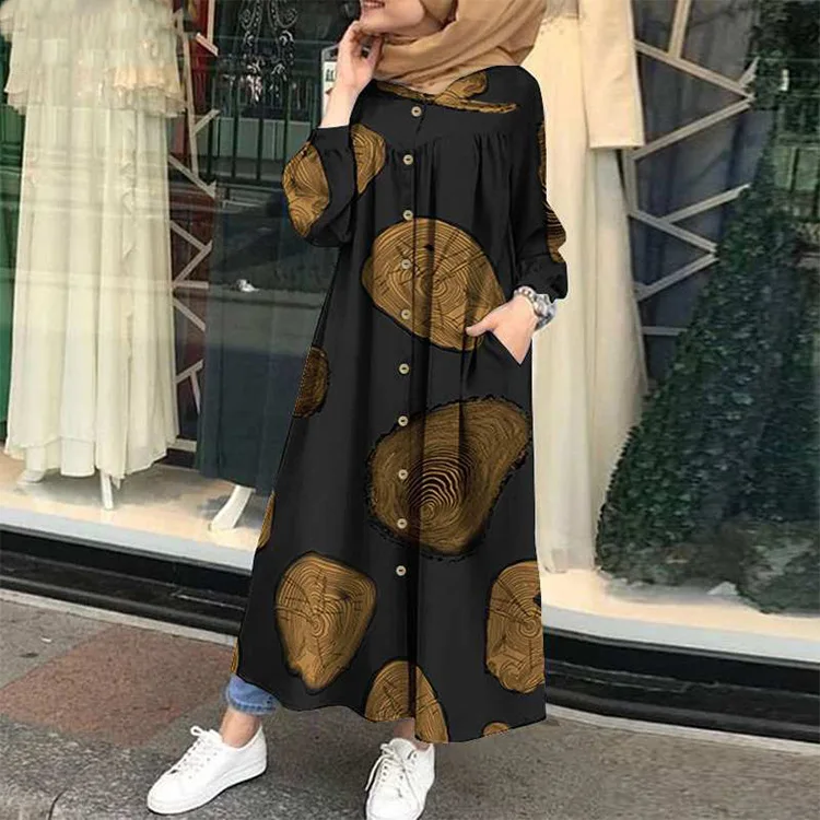 

0994 MuslimQLO fashion 2020 fall stand-up collar loose abaya muslim dresses dubai long sleeves maxi muslim dress, Black, white, yellow, red, leopard gray, leopard brown, khaki