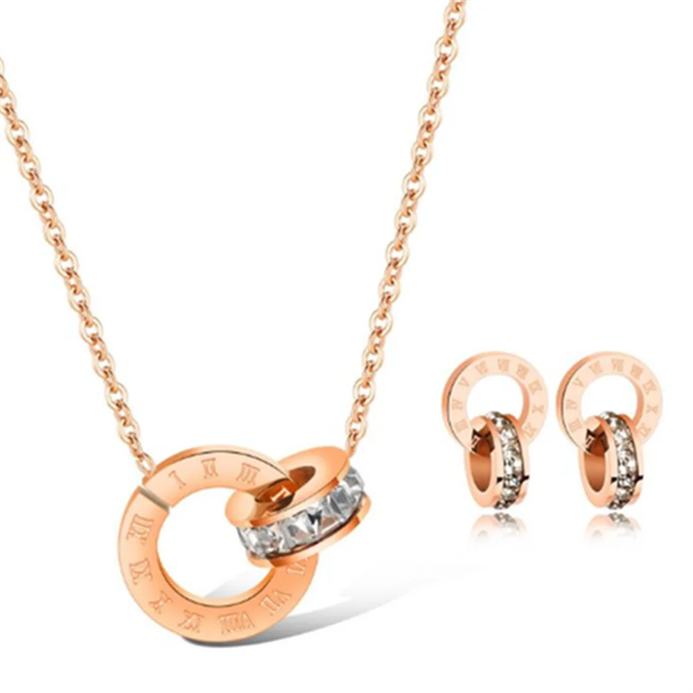 

Factory Price Fashion Rose Gold Plated Women CZ Diamond Necklace Earrings Jewelry Sets