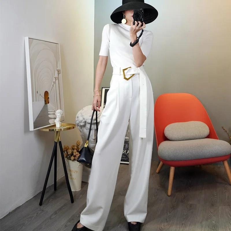 

LY6 2021 summer ladies belt high waist wide leg pants ladies casual straight suit trousers women's white wide leg pants