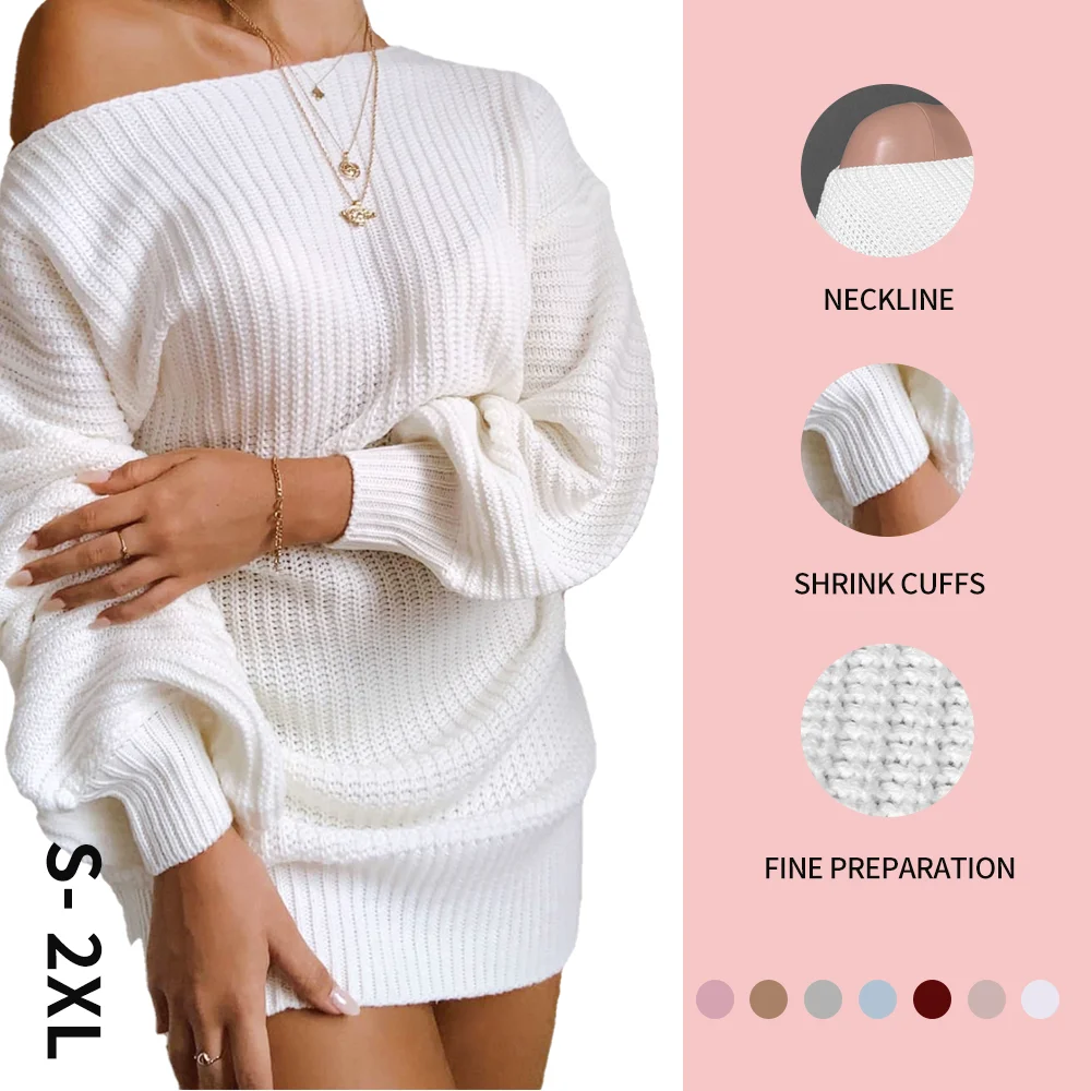 

M718 High quality women winter clothing fashion off shoulder bubble sleeve loose pullover warm knit long sweaters women