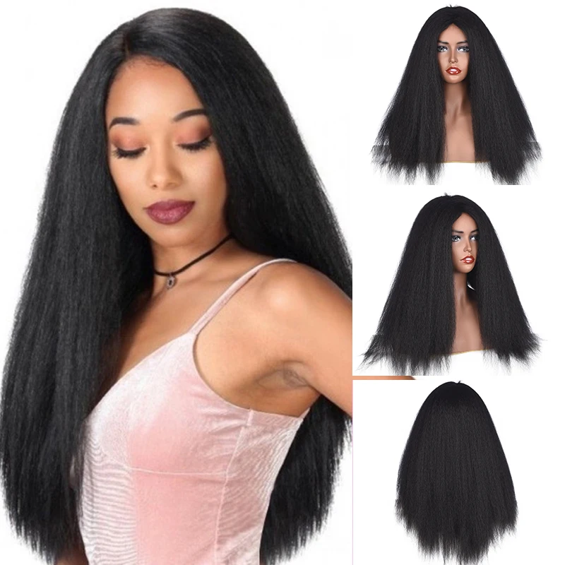 

Afro Kinky Straight Bob Wigs Synthetic High Temperature Fiber Hair Light Yaki Straight Curl Medium Length Wigs For Women 20Inch