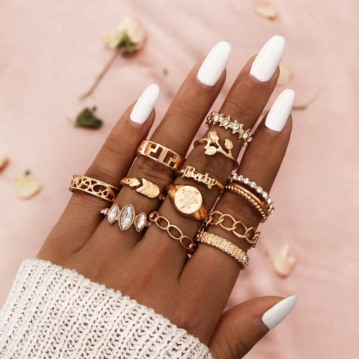 

New Fashion 13pcs Gold Plated Knotted Link Chain Knuckle Ring Set Retro Geometric Evil Eyes Ring Set