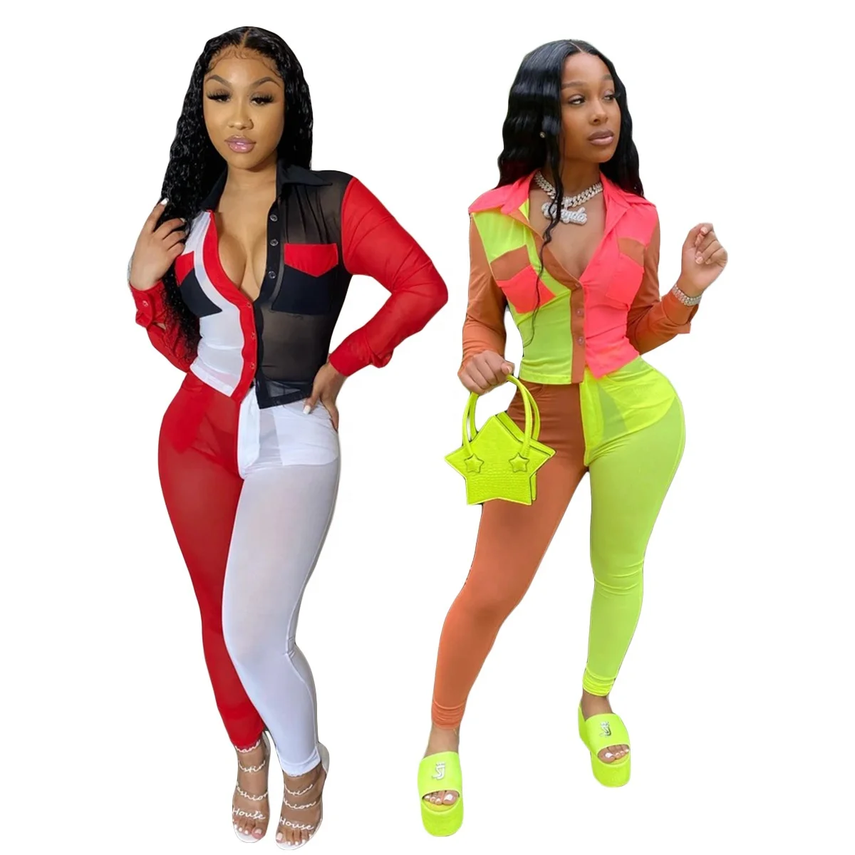 

B63022A American women's wear hot style tight patchwork color two-piece sport set, Red/green