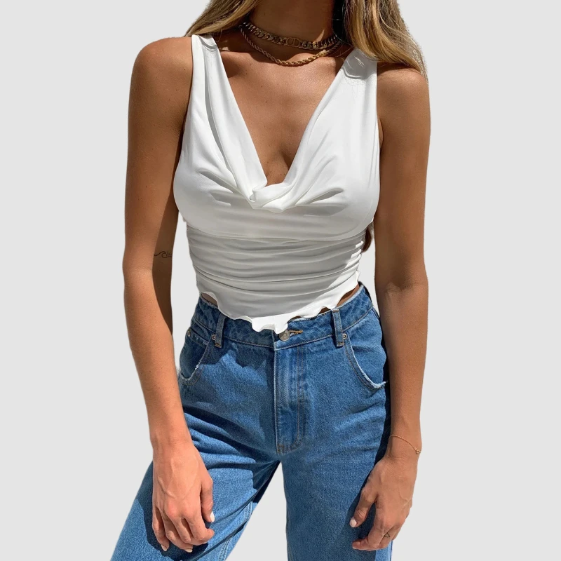 

Candice high fashion European style V neck sexy sling Ruffles fitted solid tank crop top summer