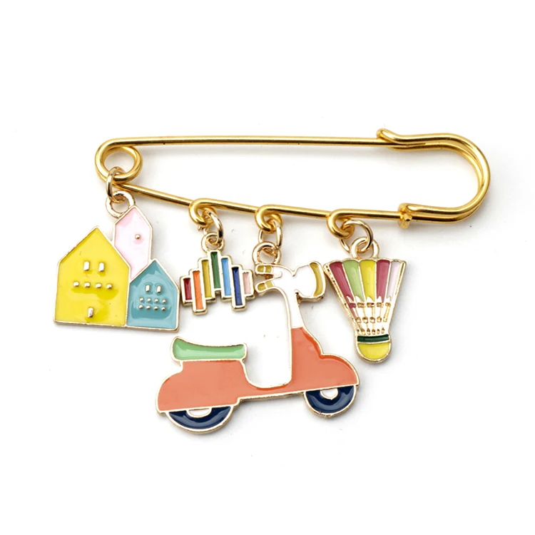

2020 Hot colorful cartoon enamel pin brooches cute brooch safety pin with sport badminton house charms brooch for kids, Gold