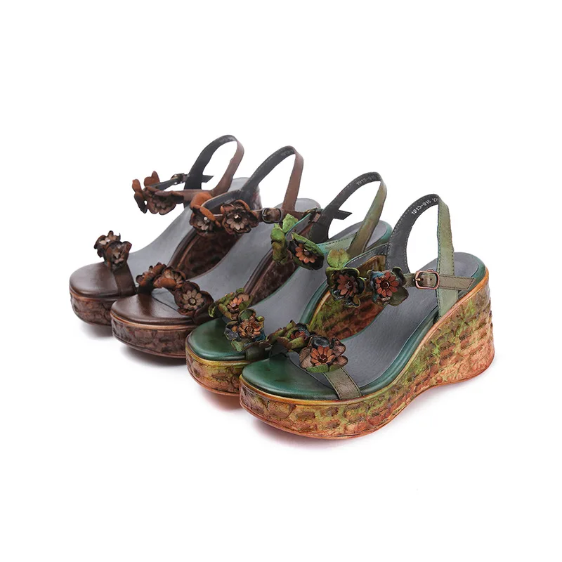 

2021 Summer New Products Pure Leather Slope Heel Women's Shoes Ethnic Style Retro Flower Fairy Open Toe Hollow Platform Sandals