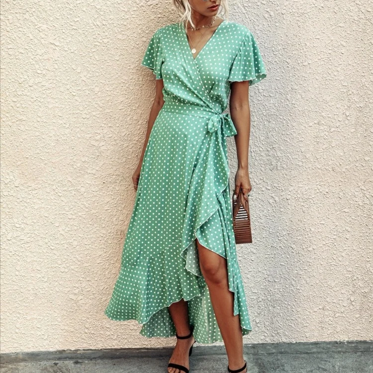 

2020 Summer Beach Holiday Dress Women Casual Floral Print Elegant Boho Long Dress Ruffle Short-Sleeve V-neck Sexy Party Robe